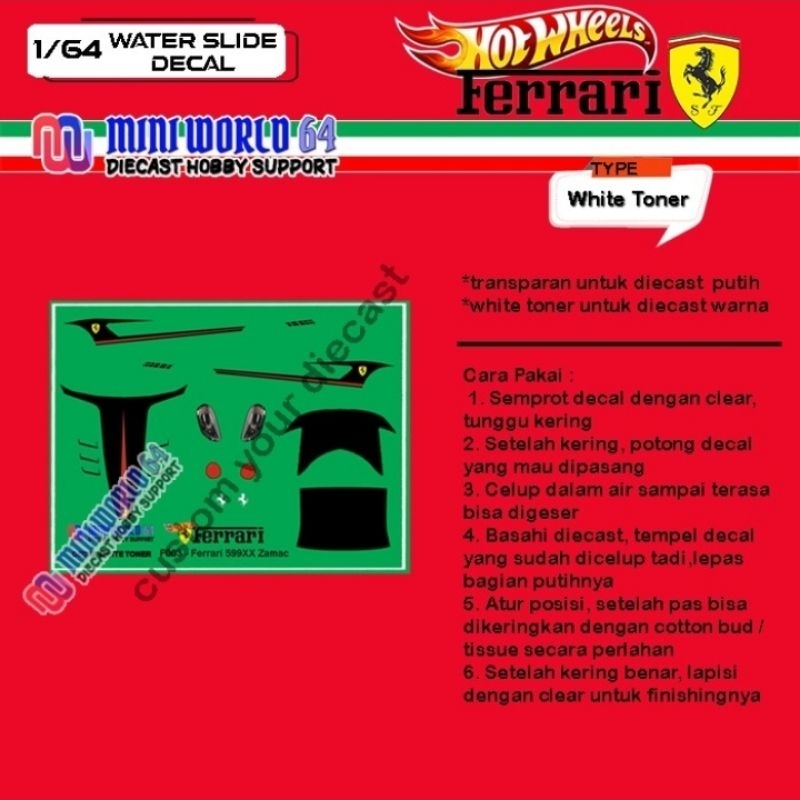 F003 Decal White Toner Hotwheels Ferrari 599XX Zamac
