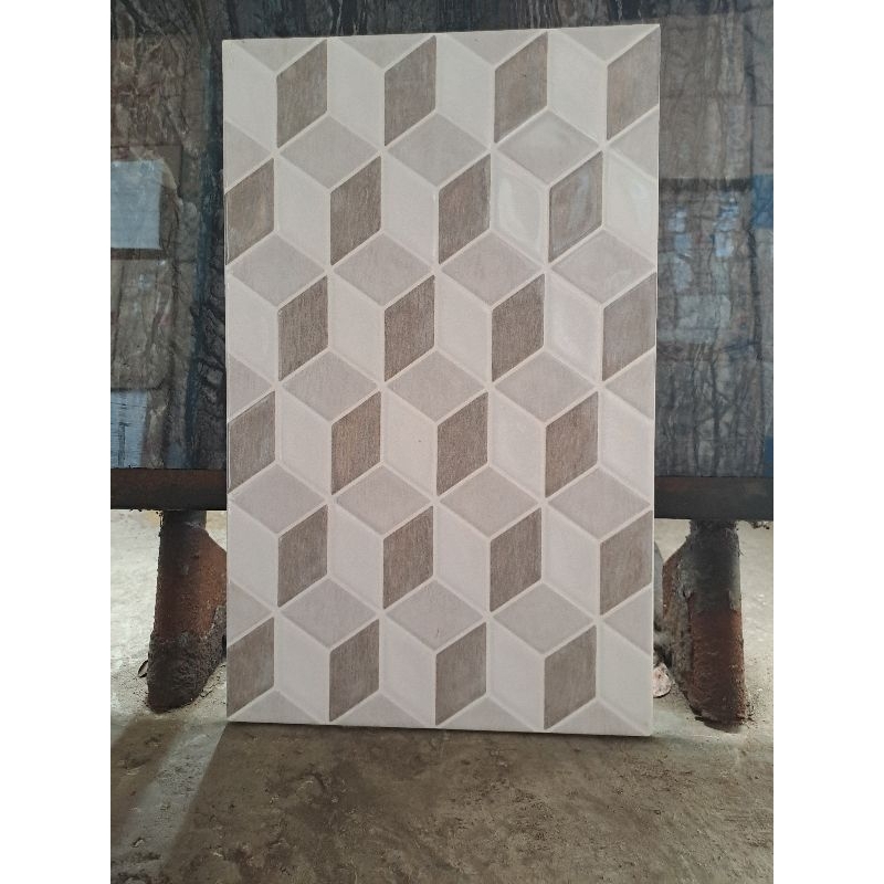 keramik kilap timbul motif 3D uk 25x40 warna putih dan abu by platinum