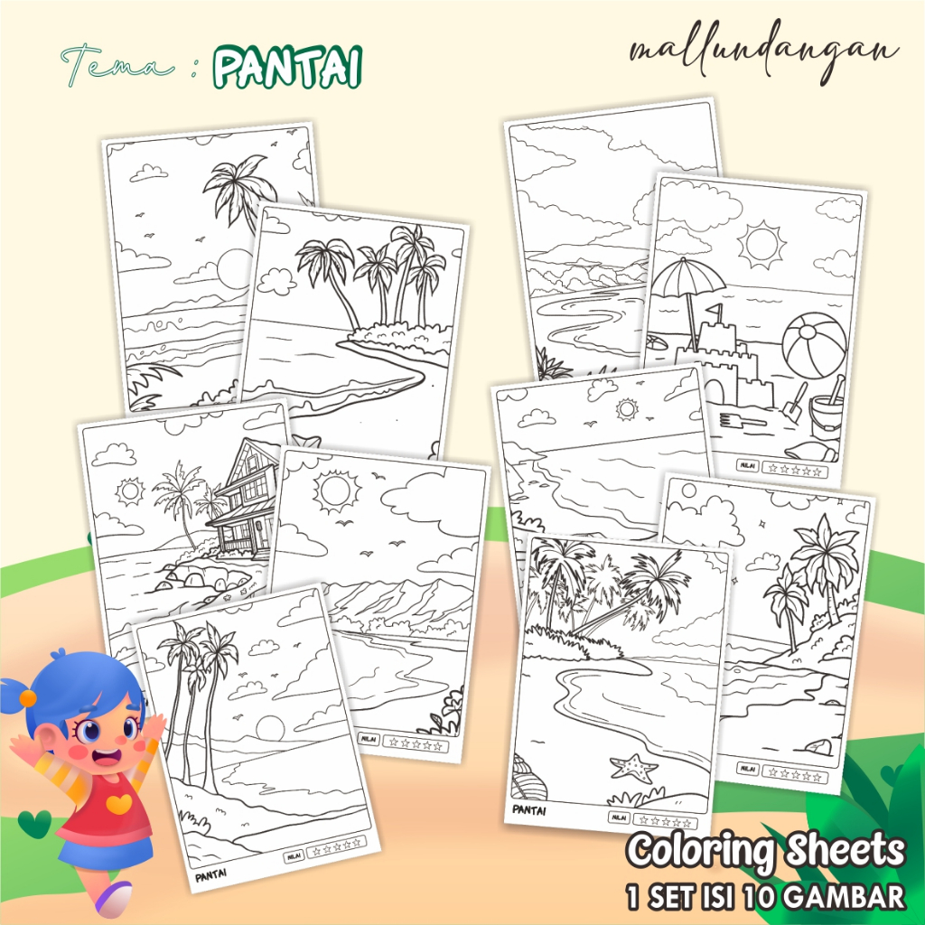 

LEMBARAN MEWARNAI ANAK A4 - KERTAS GAMBAR UNTUK ANAK TEMA PANTAI - PAPER COLORING SHEETS FOR KIDS