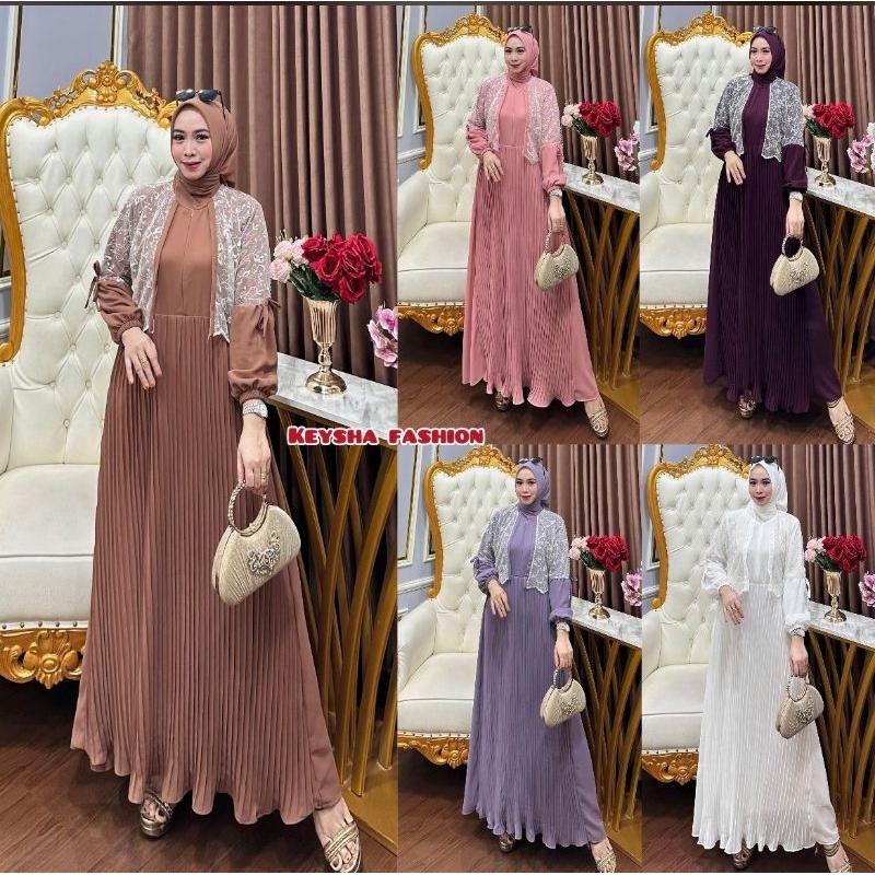 AULIA Dress Gamis Rompi Renda Terbaru Ceruty Plisket Babydoll Premium dengan Set Hijab