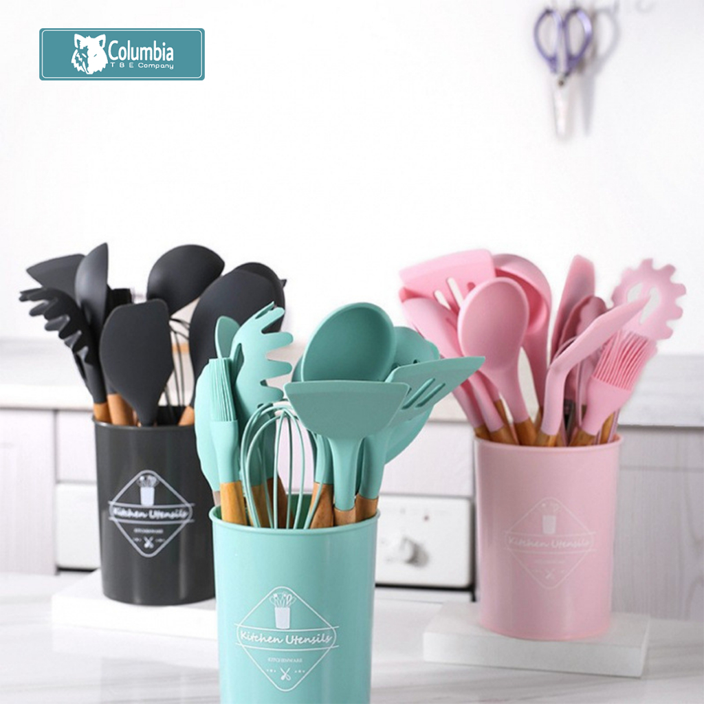 [READYYY] COLUMBIA Bahan Silikon Kuat Kitchen Silicon Utensile Set + Bucket Alat Masak Tumis Goreng