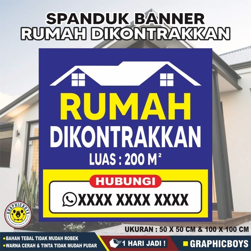 Spanduk Rumah Ini Dikontrakkan Custom, Banner Rumah Ini Dikontrakkan Custom
