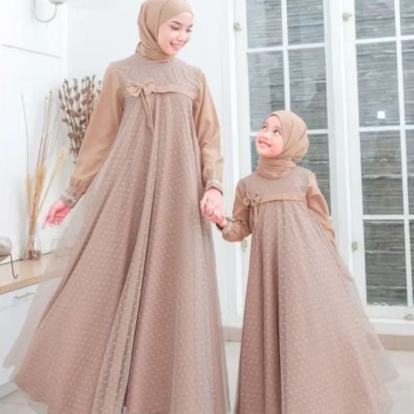 Baju Gamis Couple Mom And Kids Dress Ibu Dan Anak Couple Gaun Crinkle Airflow Mix Tile Dot