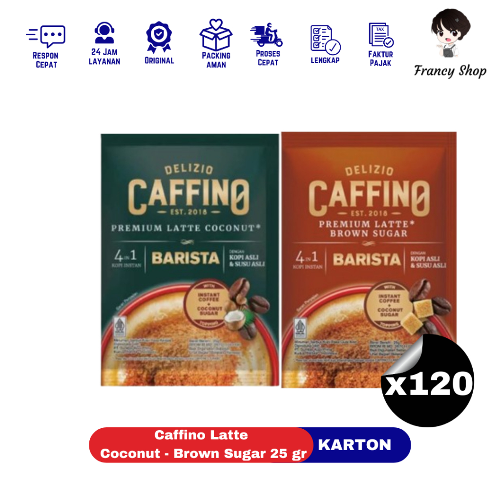 

Paket Karton Kopi Delizio Caffino Premium Latte Coconut / Premium Latte Brown Sugar Sachet Renceng 25 gr x120 Pcs