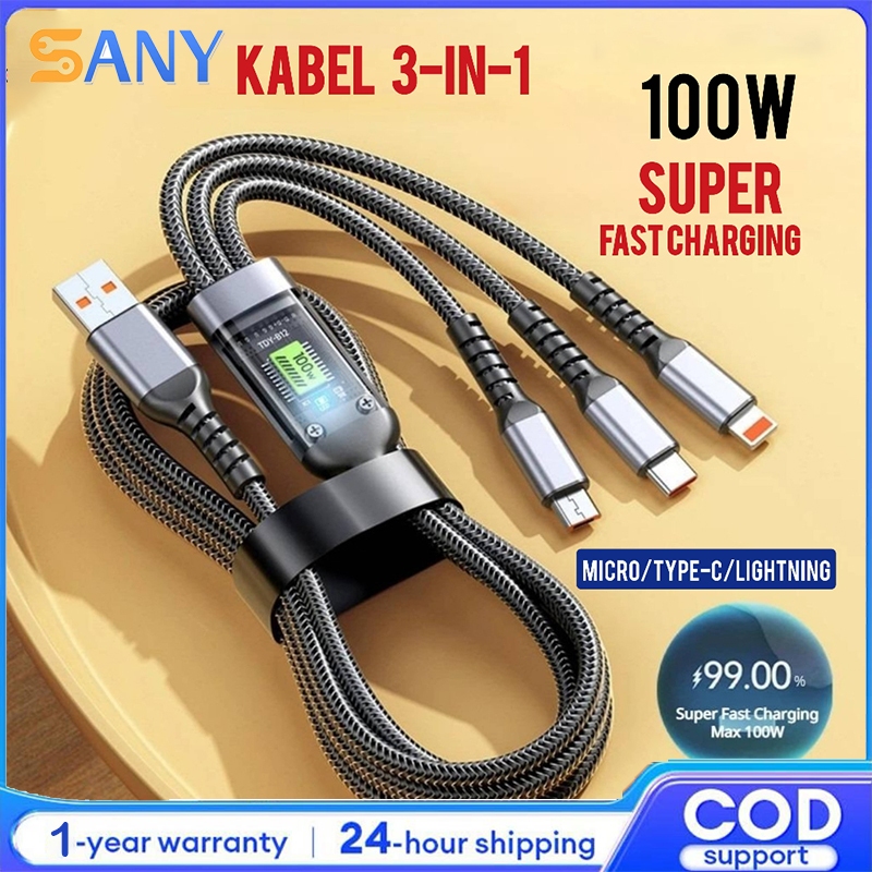 【COD】Kabel Data 3IN1 Tipe-C Micro Lightning 100W Fast Charging 1.2M LED / Kabel Data 3 In 1 Fast Cha
