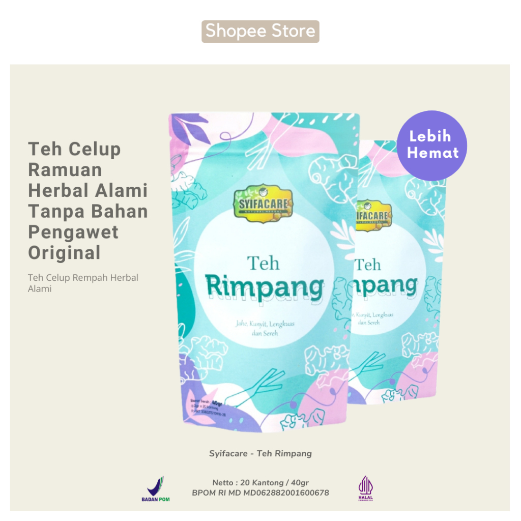 

PAKET 2 Teh Celup Rimpang Syifacare Bahan Herbal Alami Untuk Diet Detox Pelangsing Ala JSR