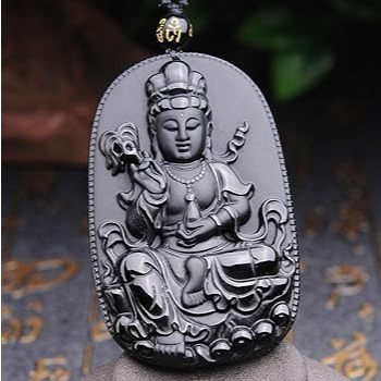 Kalung Ukir Kwan Im Guan Yim Kuan Im KwanIm - Black Jade Pendant Fine Carving Obsidian Synthetic Sto