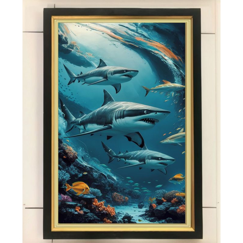hiasan dinding lukisan cetak ikan hiu laut plus bingkai uk 65*45