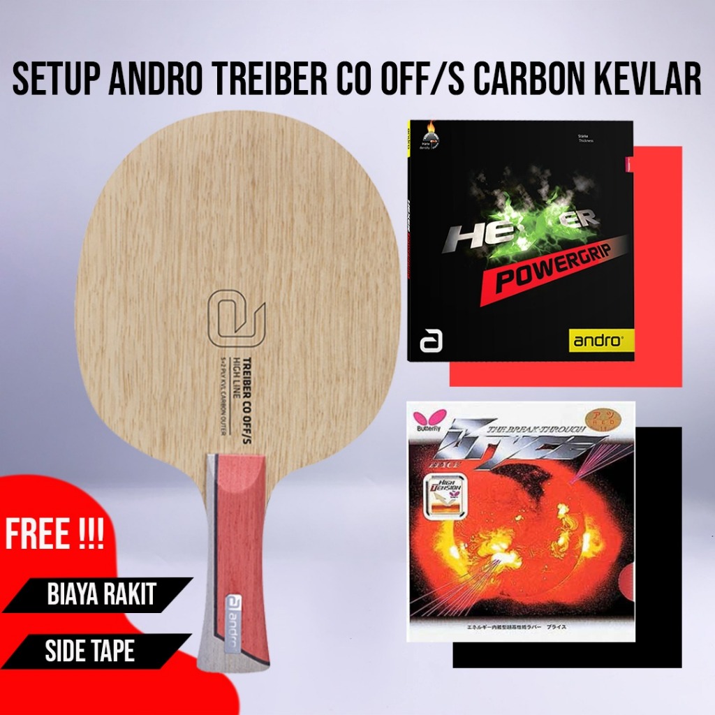 Paket Bat Tenis Meja Pingpong Rakitan Andro Treiber CO OFF/S Carbon Outer Kevlar Andro Hexer Powergr