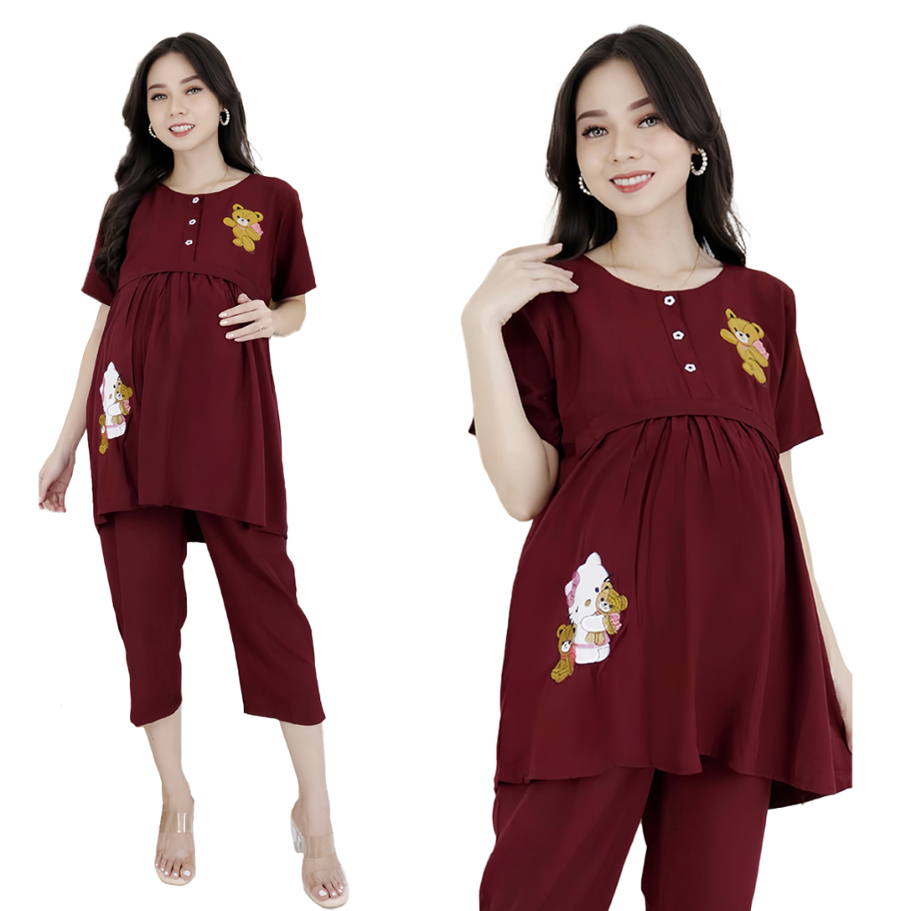 Baju Setelan Hamil Celana 7/8 Bahan Rayon Vicose Adem Motif Bordir