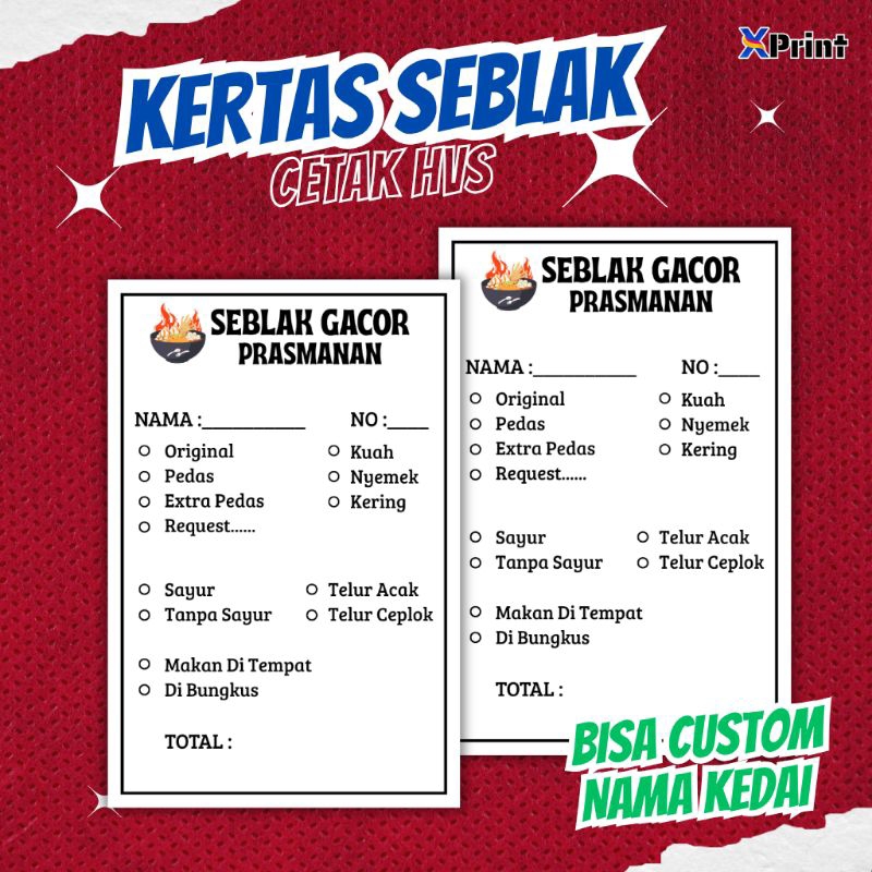 (100 pcs) kertas order seblak / kertas pesanan menu seblak prasmanan / kertas pesan seblak prasmanan