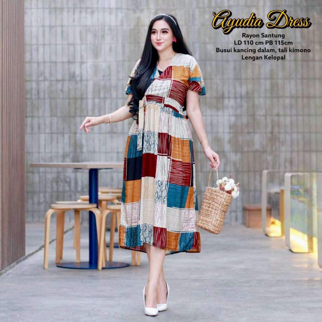 Ayudia Dress Wanita Korea Style Kekinian Rayon Daster Wanita Kimono Lengan Pendek Kelopak LD 110 cm