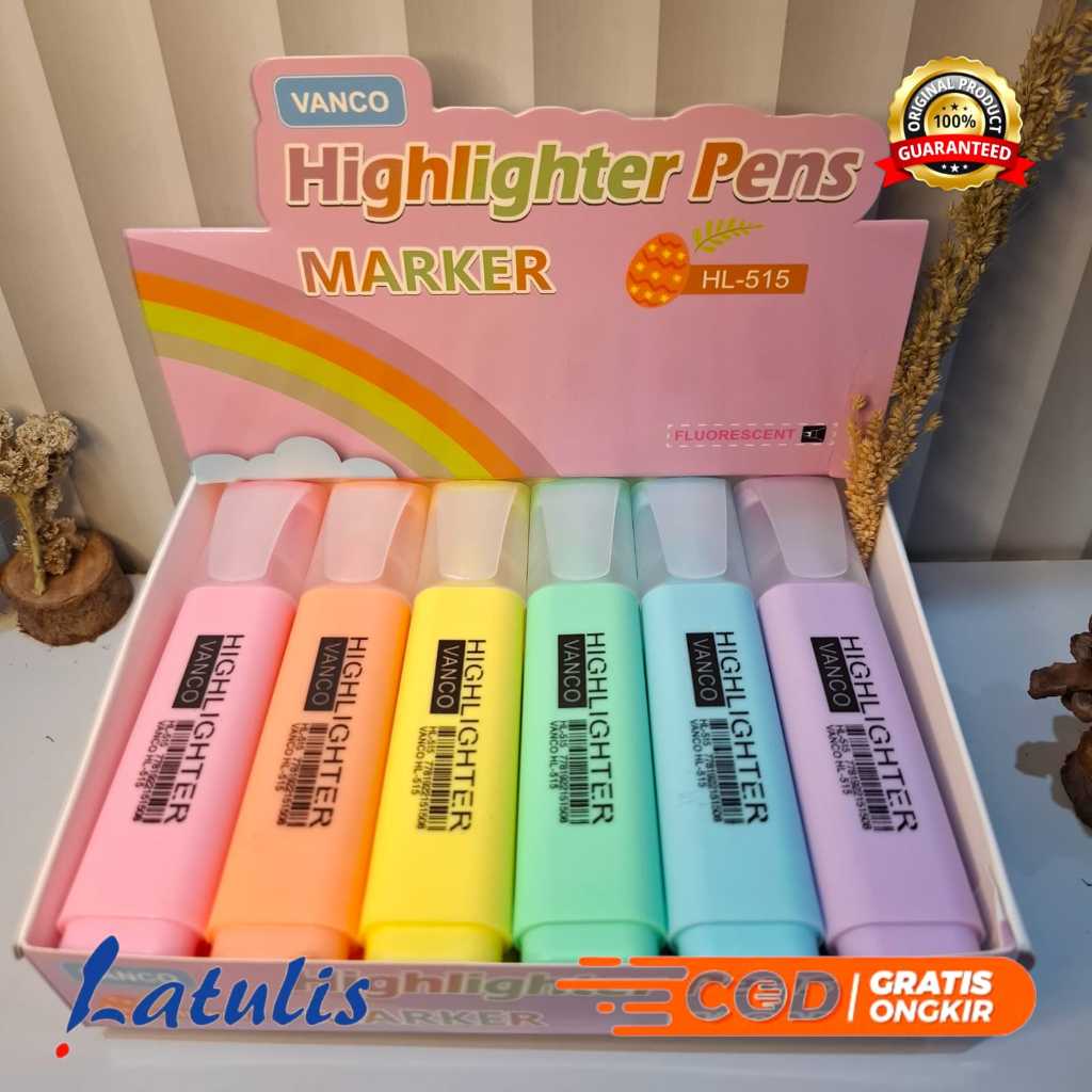 (12 PCS) HIGHLIGHTER SET VANCO HL-515 / Stabilo Set Vanco Warna Pastel HL-515