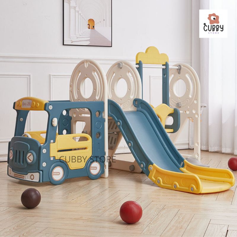 Perosotan Bus 3IN1 Dengan Ayunan Dan Ring Basket Mini Playground Bus Swing + Slide JM 30288