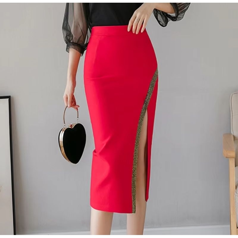 Rok Stretch Span Merah Lis Gold Glitter Sexy