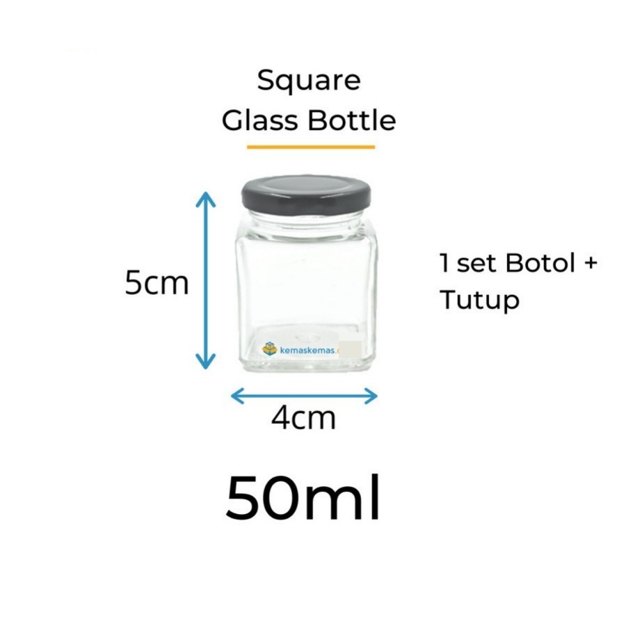 50ml Botol Kaca Square | Jar Kaca Kotak + Tutup