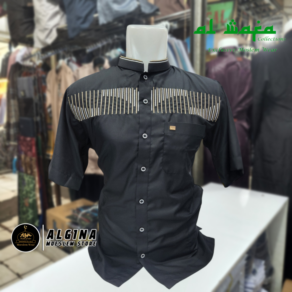 Koko Al Wafa Hitam Lengan Pendek Bordir | Baju Muslim Lengan Pendek Al Wafa Premium Exclusive