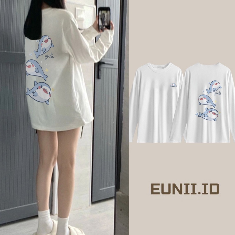 EUNII Kaos wanita Korea lengan panjang longgar motif hiu lucu / Atasan wanita lengan panjang longgar