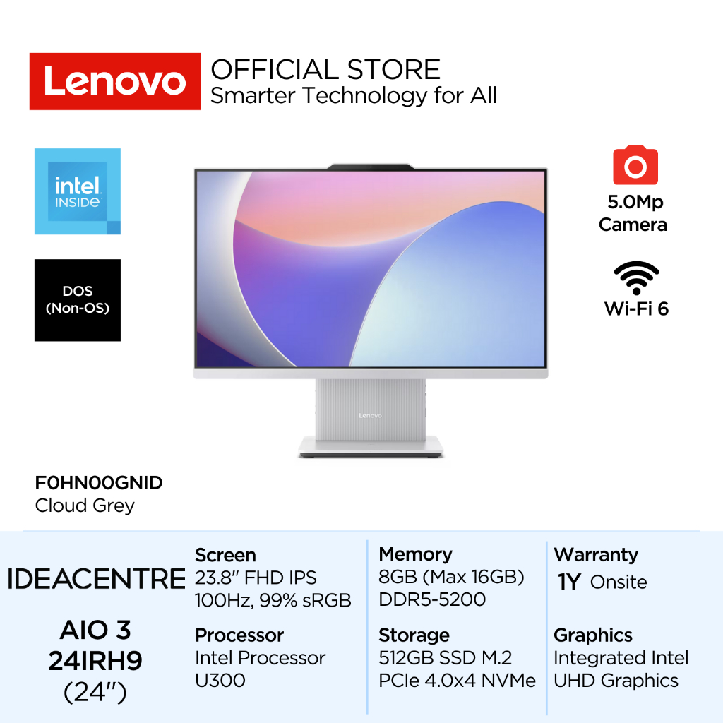Lenovo PC IdeaCentre AIO 3i 24IRH9 GNID Intel Processor U300 DOS 8GB DDR5 512GB SSD 23.8" FHD IPS 99