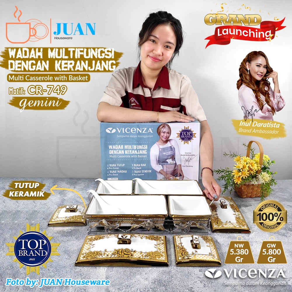 VICENZA Prasmanan set segi kombinasi isi 4 motif gemini porcelain ceramic + rack stainless chrome go