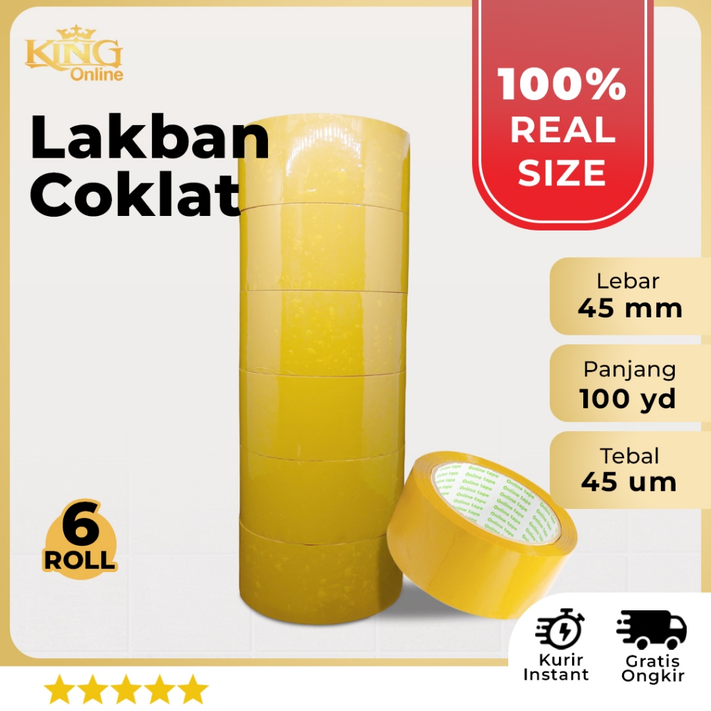 

6 Pcs Lakban Coklat 45 MM X 100 Yard PURE Ukuran Real 1 Slop Tebal Kuat Isolasi ONLINE TAPE OPP