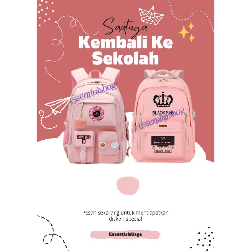 Tas Ransel Anak SD BTS & BLACKPINK Pink - Tas Sekolah Cewek Lucu Tema Kpop - tas anak sd pink - tas 