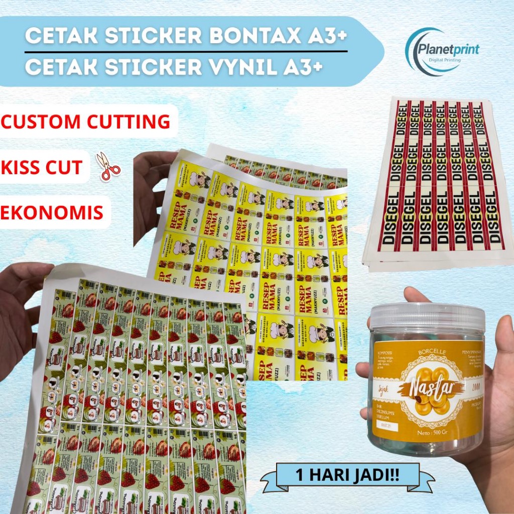 

CETAK STICKER LABEL VYNIL/BONTAX A3+ (PRINT DAN CUTTING) / PRINT STICKER CUSTOM LABEL KEMASAN