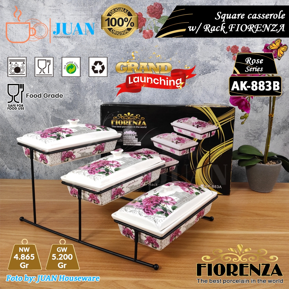 FIORENZA Wadah Saji Keramik Prasmanan Segi tingkat Motif Rose Porselen AK-883B / Square Casserole wi