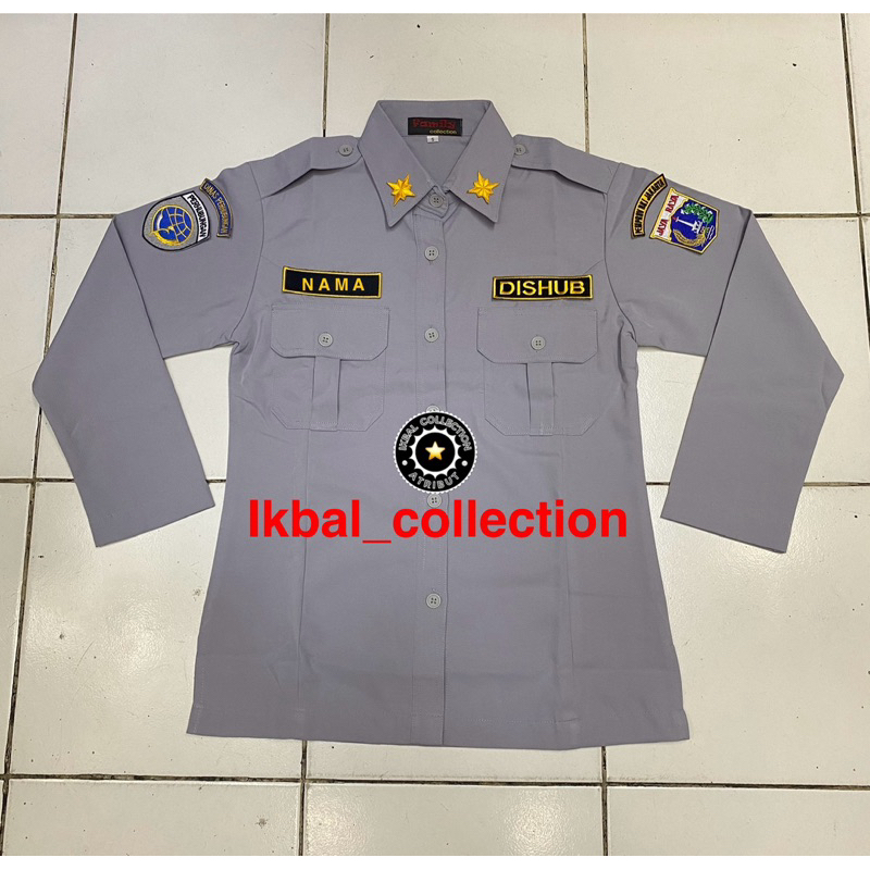 SERAGAM PDL DISHUB WANITA KERAH BERDIRI (BAHAN GODIOGO) BAJU ABU DISHUB WANITA PANJANG / KEMEJA ABU 