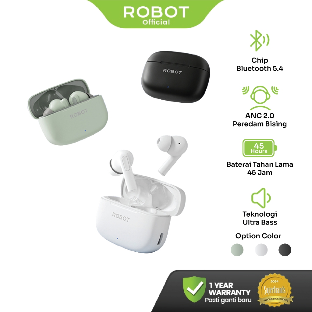 ROBOT New Earphone Bluetooth ANC 2.0 with Bluetooth 5.4 True Wireless Stereo  Ultra Bass Algoritma A