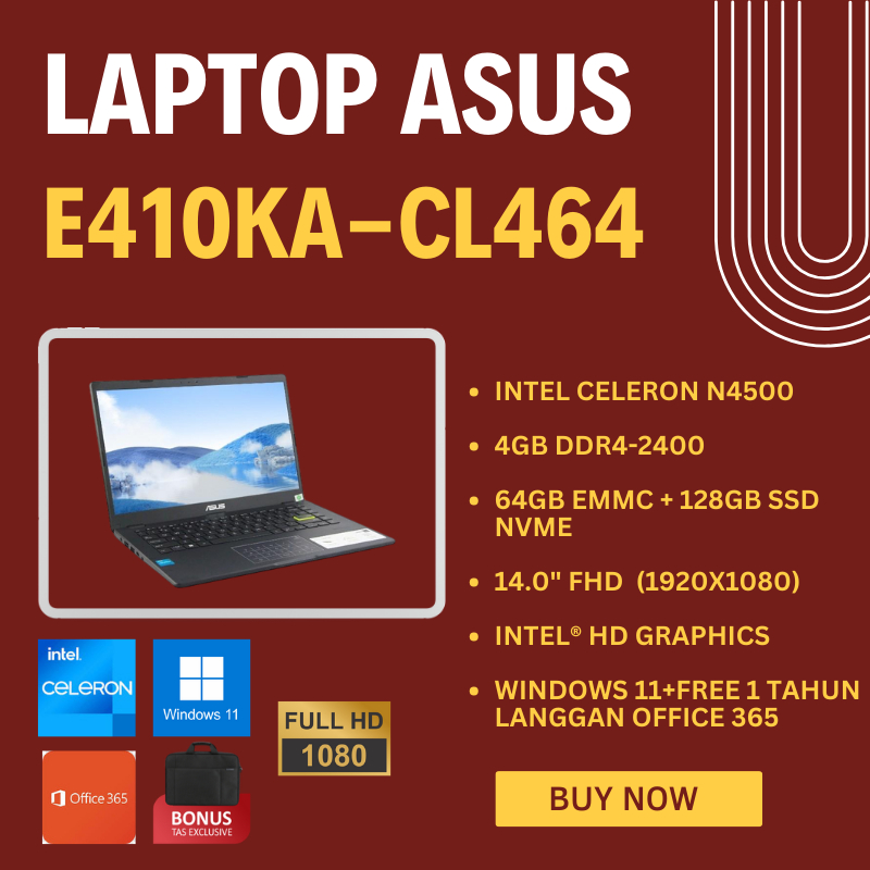 TERMURAH HANYA 3 JUTAAN - LAPTOP ASUS VIVOBOOK E410KA-CL464 - N4500 - RAM 4GB - 64GB EMMC+128GB SSD 