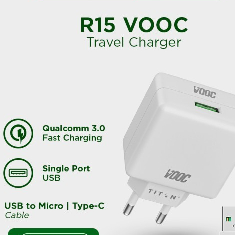 Titon Kepala Charger Oppo R15 VOOC 4A Include Kabel Micro Type C