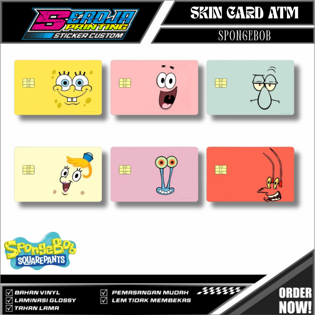 

STICKER BIKINI BOTTOM PELINDUNG KARTU SKIN CARD ATM SIM KTP E-MONEY STIKER MOTIF SPONGEBOB PATRICK MR CRAB LARRY SQUIDWARD SANDY GARRY MRS PUFF PLANKTON PEARL KAREN FRED LEM KUAT ANTI GORES