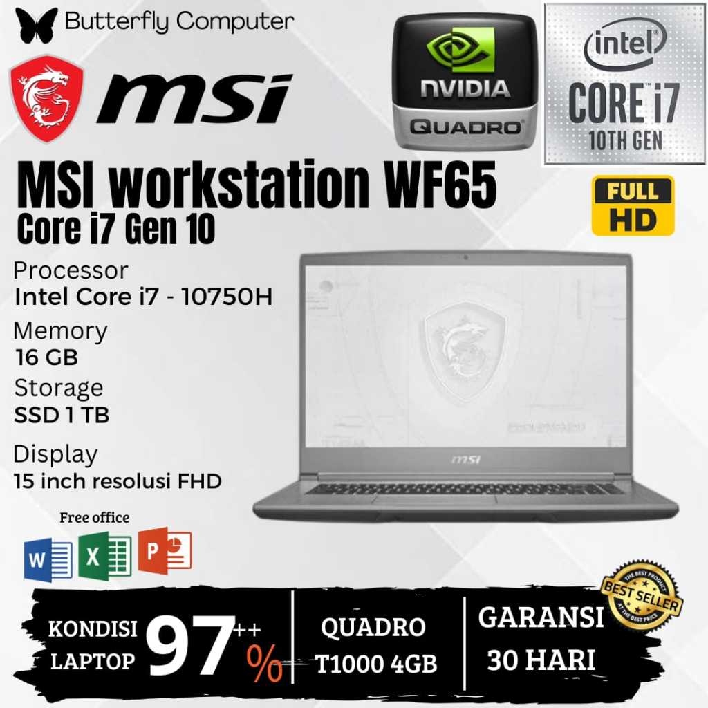 Laptop MSI Workstation WF65 Core i7 Gen 10 - RAM 16GB SSD 1TB - QUADRO T1000 4GB - Windows 11 Pro - 