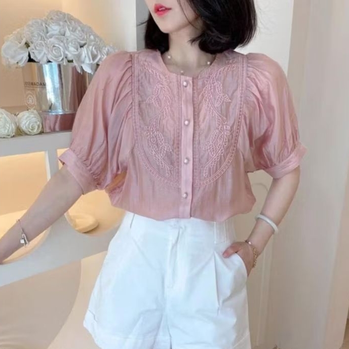2396 Baju atasan kemeja blouse REYNA EMBROIDERED BLOUSE bordir lengan pendek Korean style wanita pre