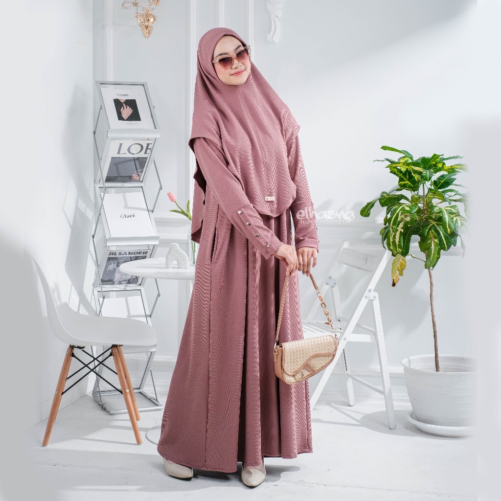 Abaya Gamis Dress Resleting Depan Gold Button Knit Premium by Elhasna Hijab