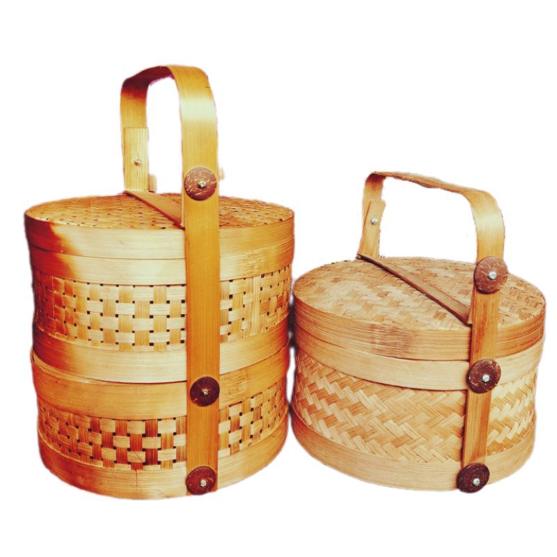 Rantang bambu bulat susun 2 dan 1 - rantang bambu - rantang bulat - hampers rantang