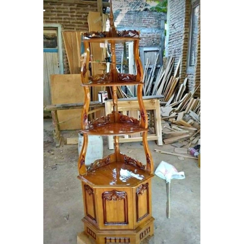 RAK SUDUT KAYU JATI TUA | RAK BUKU SUDUT RAK BUNGA SUDUT LEMARI SUDUT FURNITURE JATI JEPARA