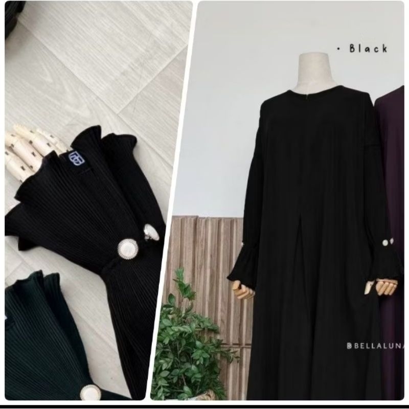 abaya/gamis sakina set jilbab lancip jetblack bahan ilviyana anti uv silk