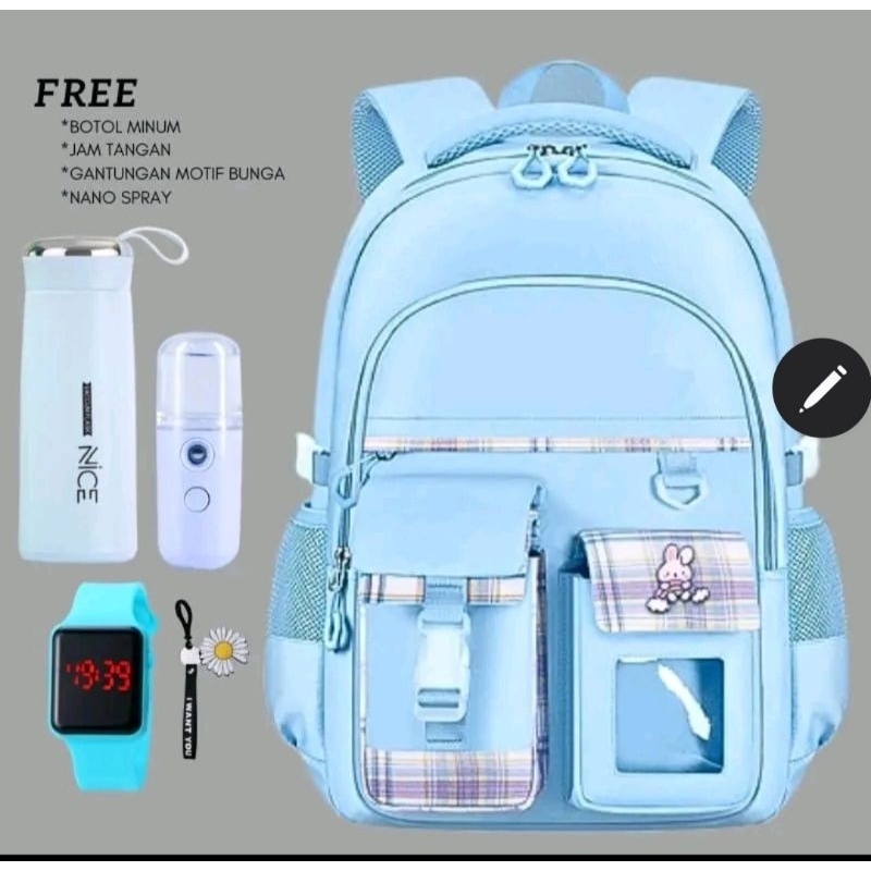 Tas Ransel Korean Mika  5in1 Ransel anak Sekolah Sd Smp Remaja Bonus Jam tangan Botol minum Nano Spr