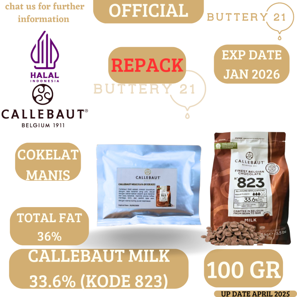 

REPACK 100 GR Callebaut 823 33,6% Milk Chocolate Couverture Cokelat Callets