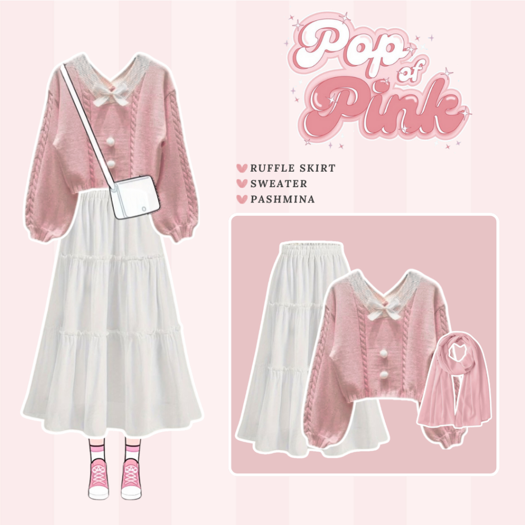 Hijab Style Outfit Korea One Set (Sweater - Ruffle Skirt - Pahsmina Ceruty) Setelan Remaja - LH120