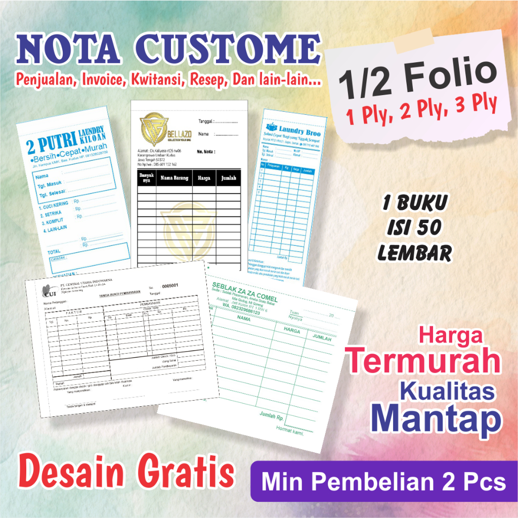 

[FREE DESAIN] Nota 1/2 Folio isi 50lbr, Nota Customer - Penjualan, Invoice, Kwitansi dan lainnya