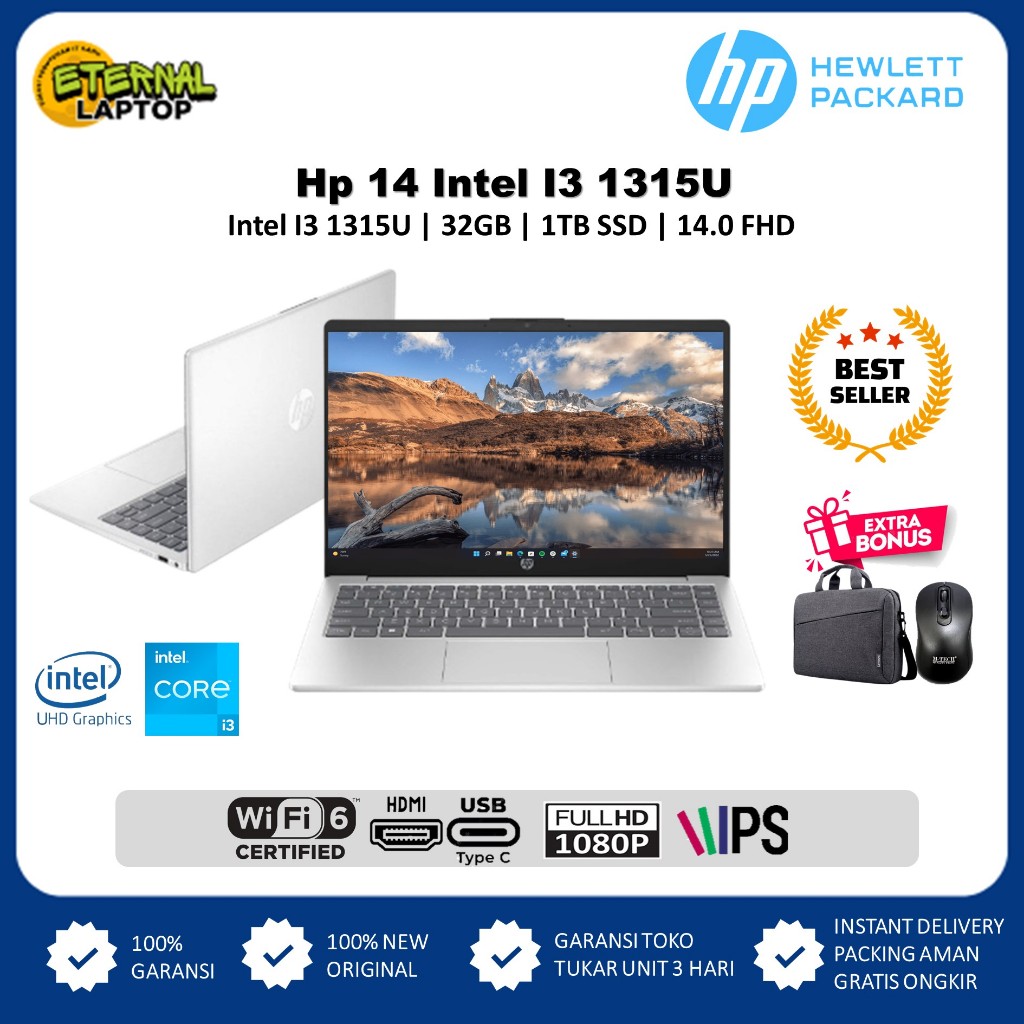 Laptop Slim HP 14s Intel Core i3 1315U Gen13 RAM 40GB 1TB SSD 14 Inch Full HD Win11 Home Termurah