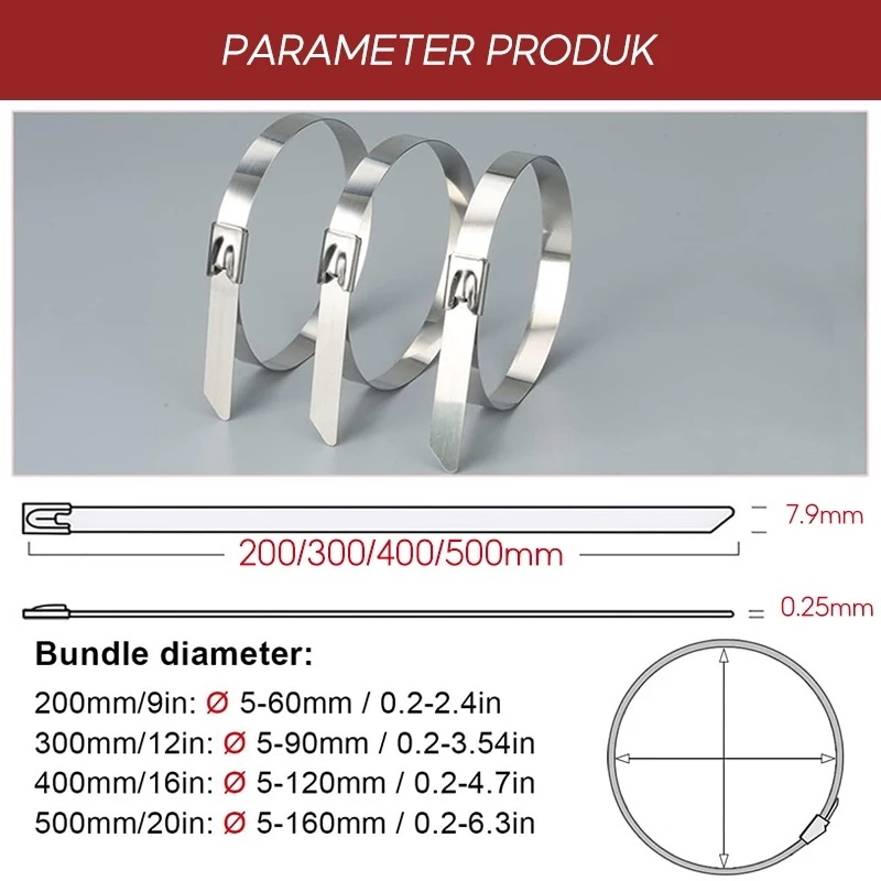 

ATH (100 Pcs ) Kabel Ties/ Kabel Tis Stainless SS304 20cm/30cm/40cm/50cm Exhaust /Cable Ties ikat