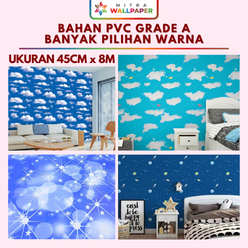 [COD 10M] Wallpaper Sticker Plafon Motif Awan Biru Langit Wallpaper Biru Bintang Pink 10 Meter
