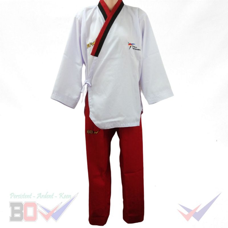 RB seragam taekwondo dobok kerah merah hitam poomsae BOW