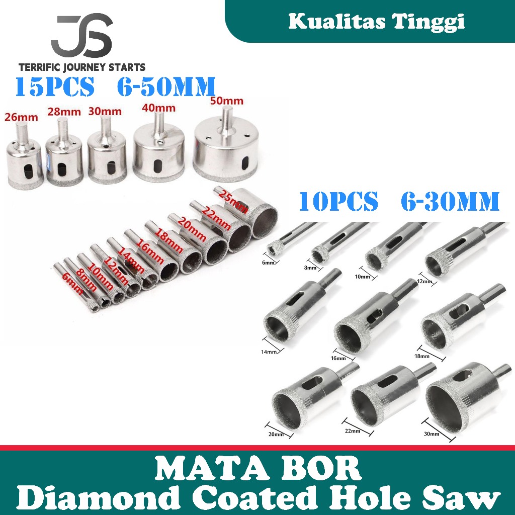 JS Set Mata Bor Kaca Keramik Granit Mata Bor Diamond Coated Hole Saw 10Pcs dan 15Pcs