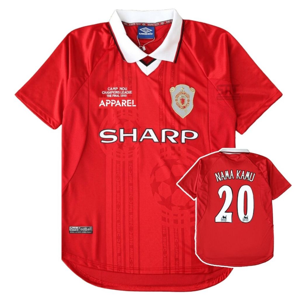 Jersey Retro Mnchstr Untd 1999 2000 Final Camp Nou Baju Bola Vintage MU Emyu Merah 99 00 Sharp Pasan