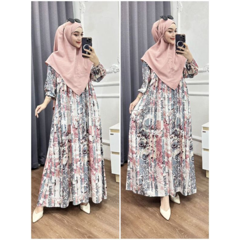 Gamis Motif Bunga//dress bunga set hijab//busana muslim wanita premium